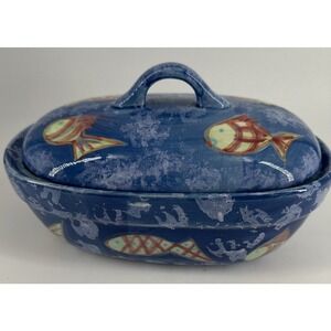 Bowl w/Lid Evandale Porcelain Handpainted Fish Design Blue 9" L x 5.25"W x 5.5"T